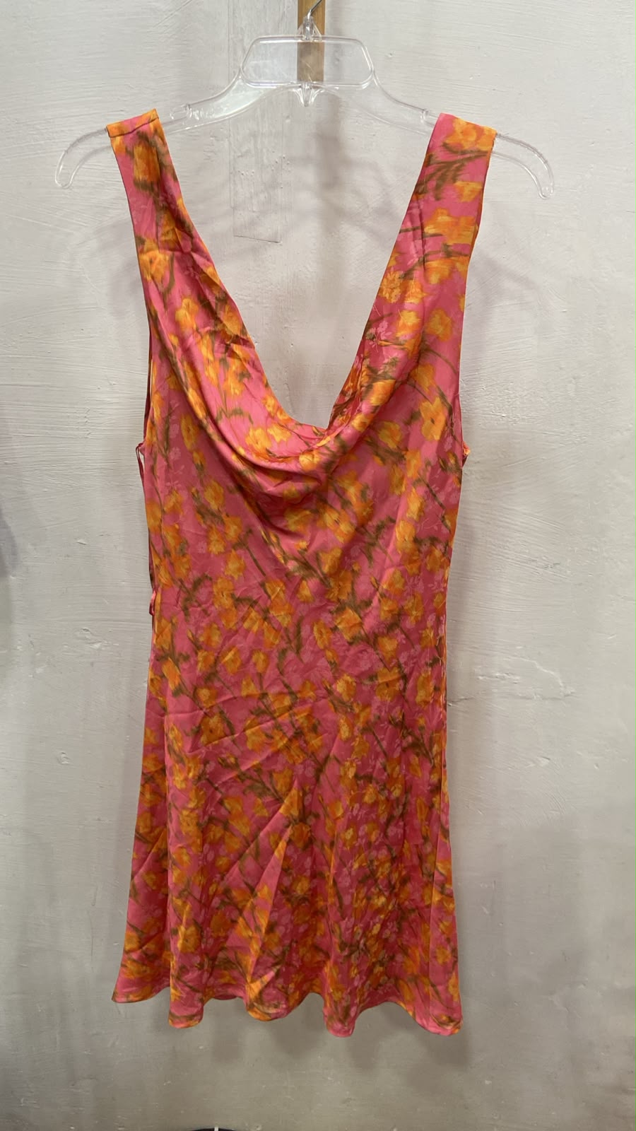 Pink Floral Cowl Neck Mini Dress with Flowing Hem