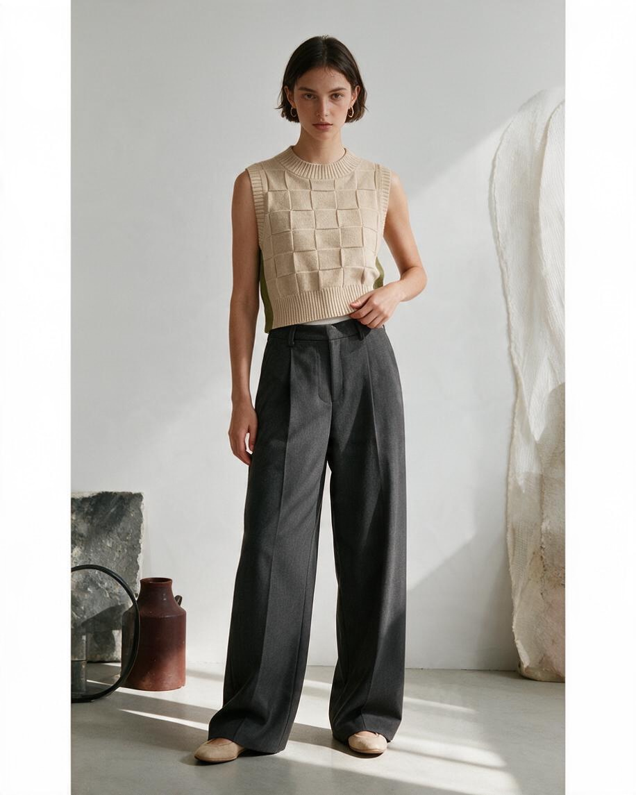 Top Corto de Punto Beige con Detalles en Verde - Estilo Boutique