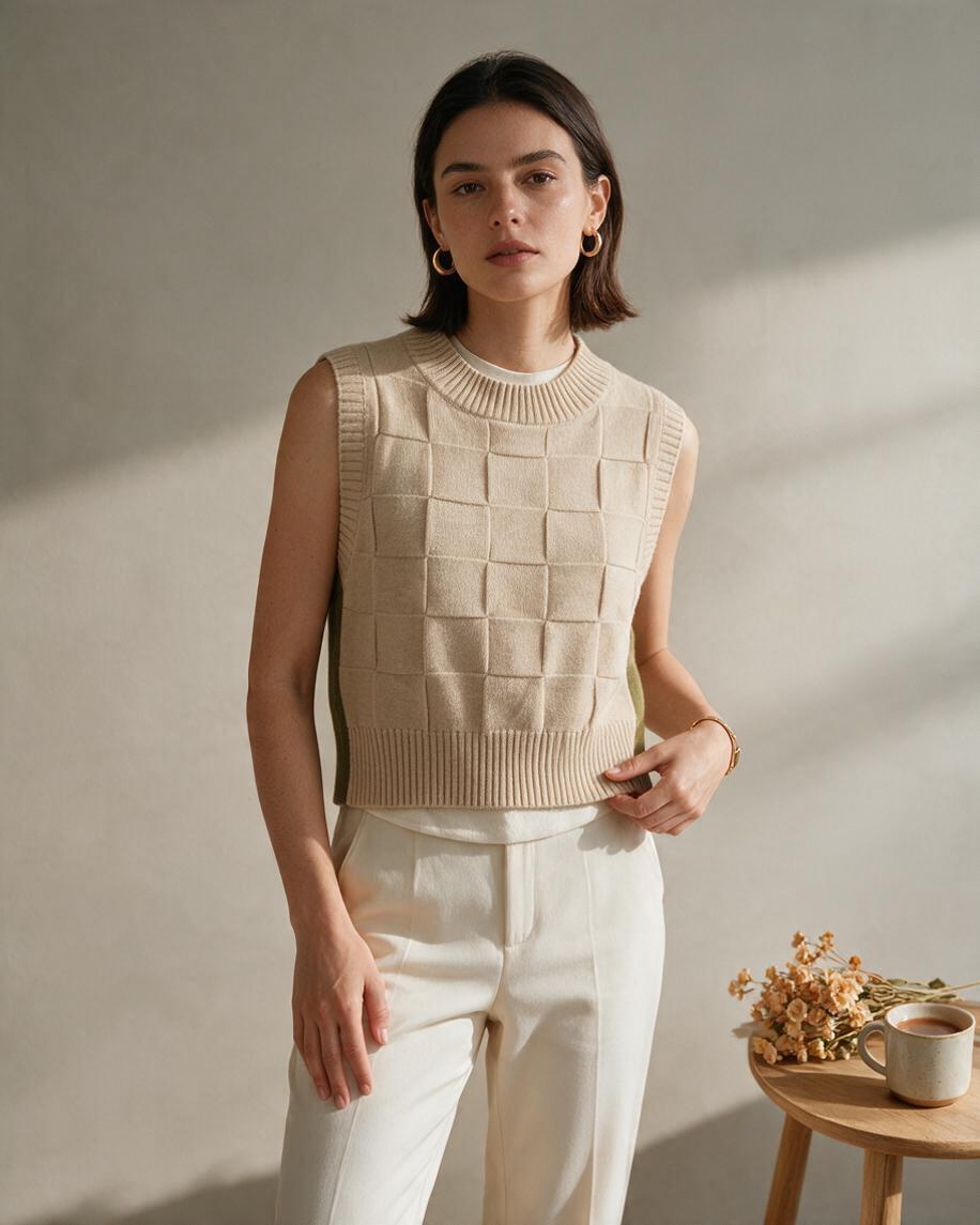 Top Corto de Punto Beige con Detalles en Verde - Estilo Boutique