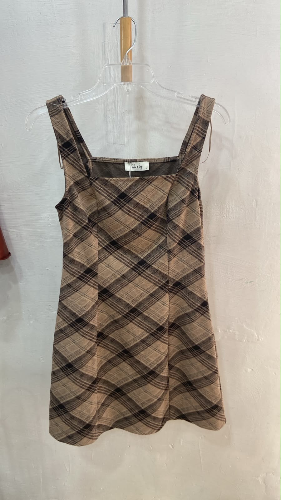 Brown Checkered Sleeveless Mini Dress with Square Neck