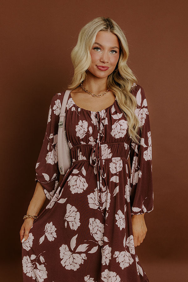 Burgundy Floral Long Sleeve Dress with Tie Detail