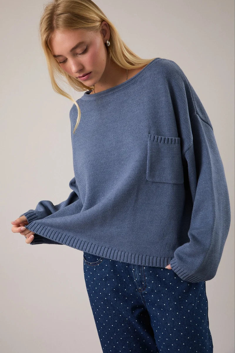 Blue Long Sleeve Cropped Sweater with Pocket