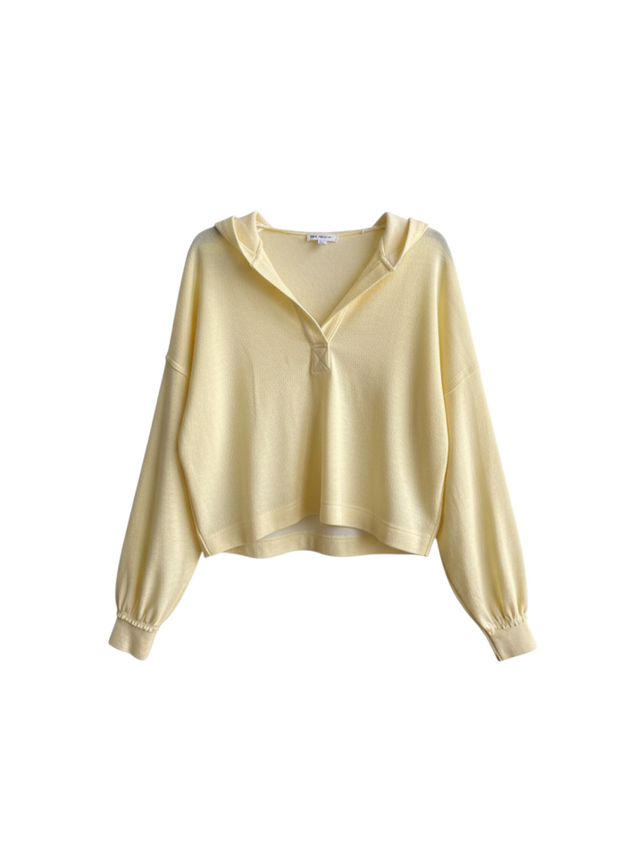 Yellow Long Sleeve Hooded Top with V-Neck