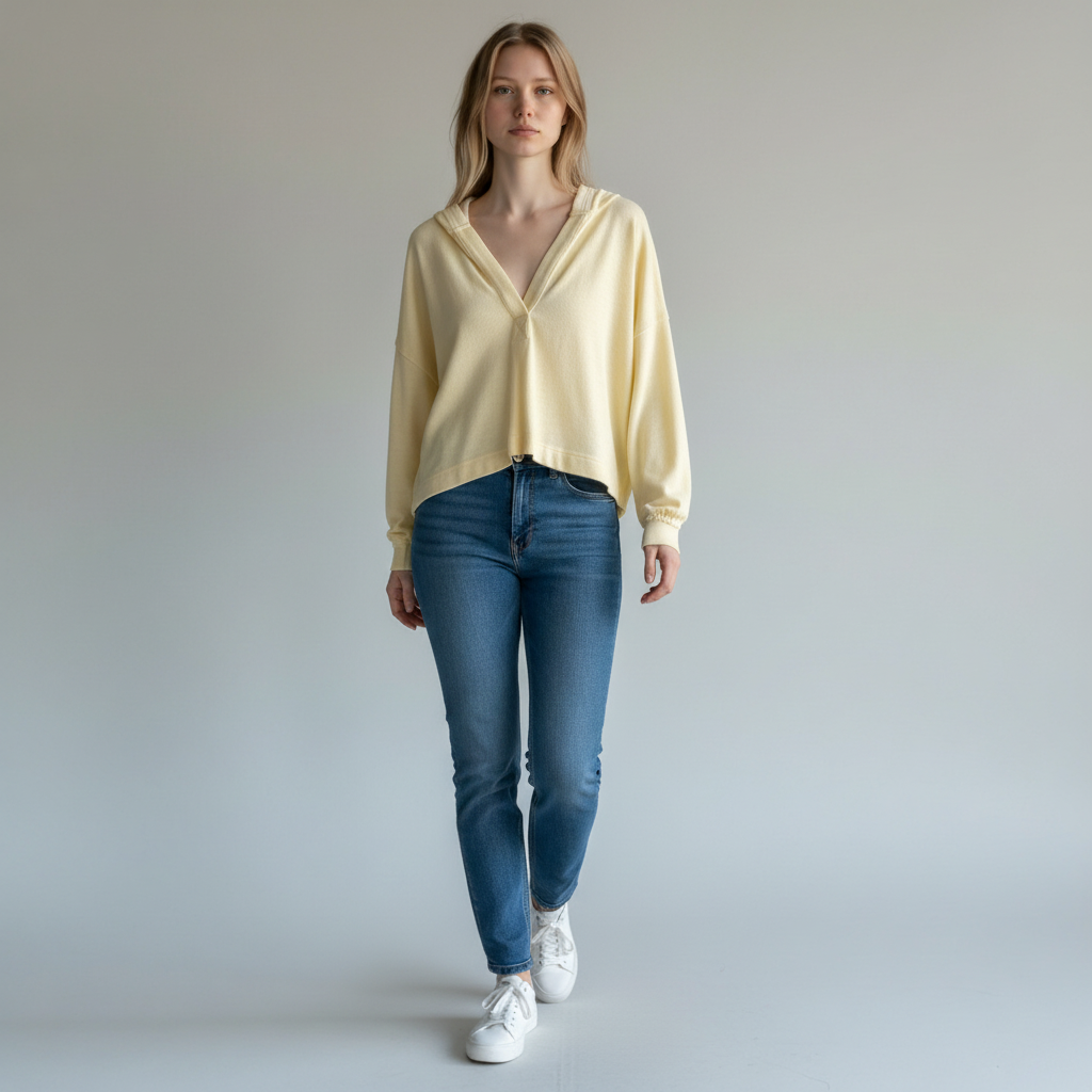 Yellow Long Sleeve Hooded Top with V-Neck