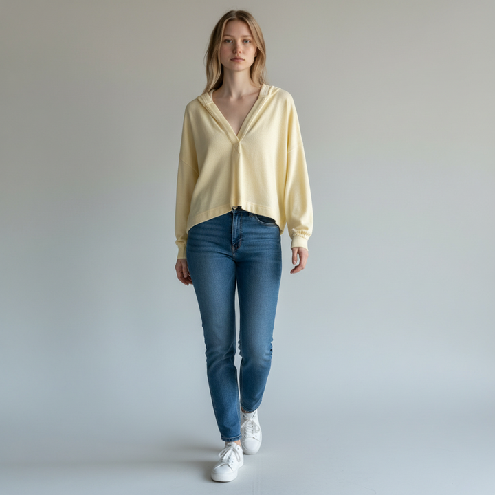 Yellow Long Sleeve Hooded Top with V-Neck