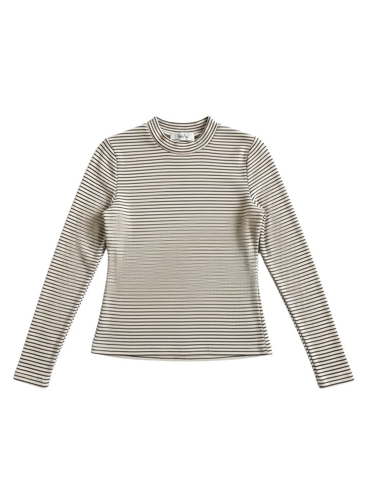 Blusa de Punto Beige a Rayas con Cuello Alto - Estilo Boutique