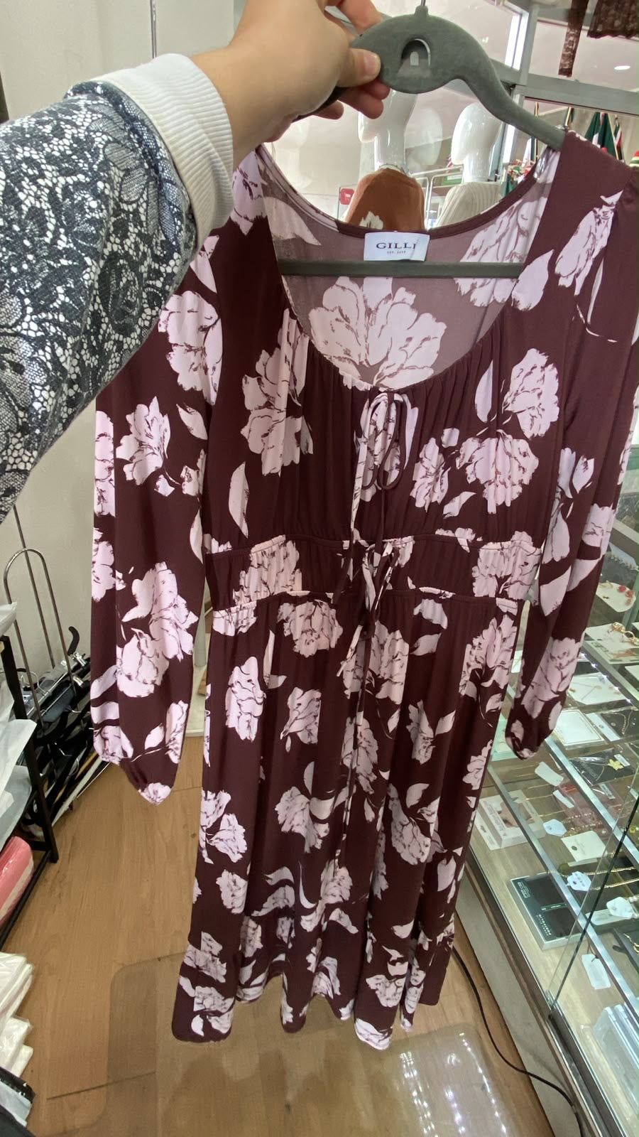 Burgundy Floral Long Sleeve Dress with Tie Detail