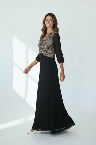 Vestido negro manga larga largo