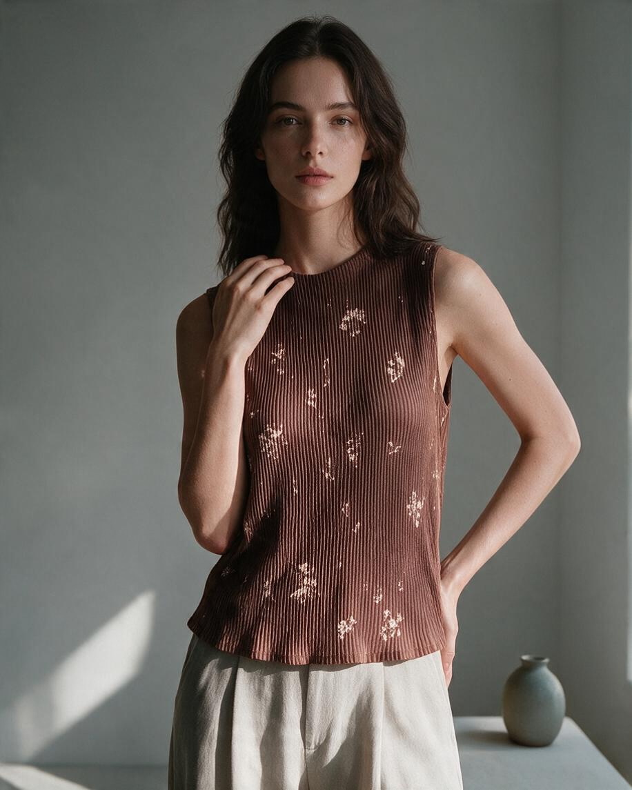 Top Rust Floral sin Mangas con Textura Rib