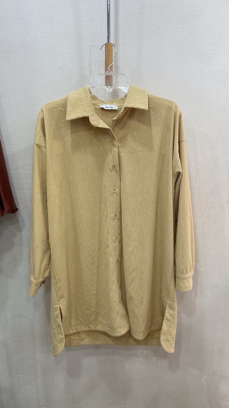 Beige Button-Up Long Sleeve Shirt with Side Slits
