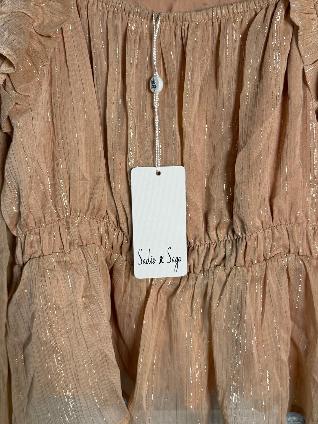 Beige Long Sleeve Ruffled Blouse with Peplum Detail