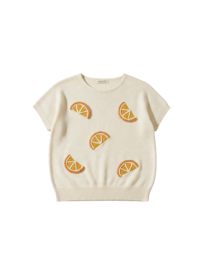 Blusa Tejido de Manga Corta Color Crema con Estampado Frutal