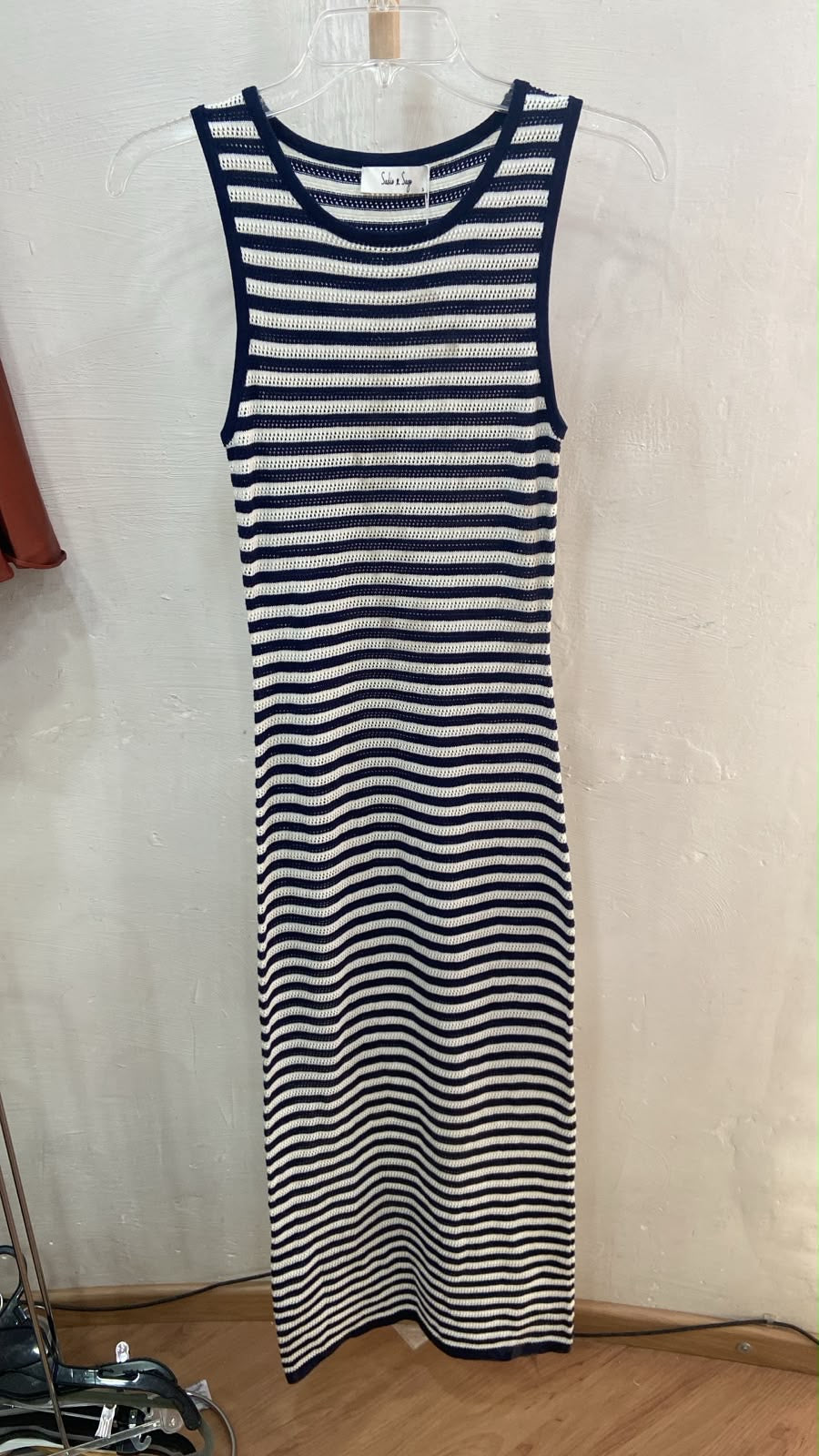 Navy Striped Sleeveless Midi Dress with Ribbed Texture