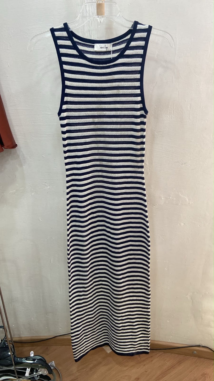 Navy Striped Sleeveless Midi Dress with Ribbed Texture