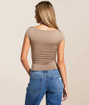 Blusa Taupe Cuello Barco con Fruncido en la Cintura
