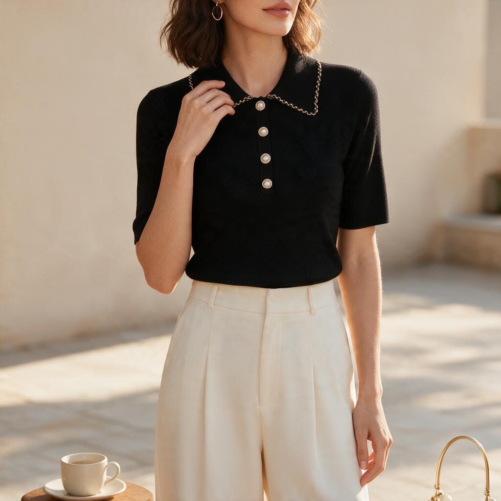 Blusa de Manga Corta Color Negro con Botones