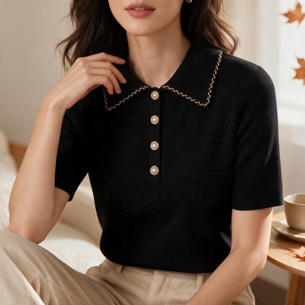 Blusa de Manga Corta Color Negro con Botones