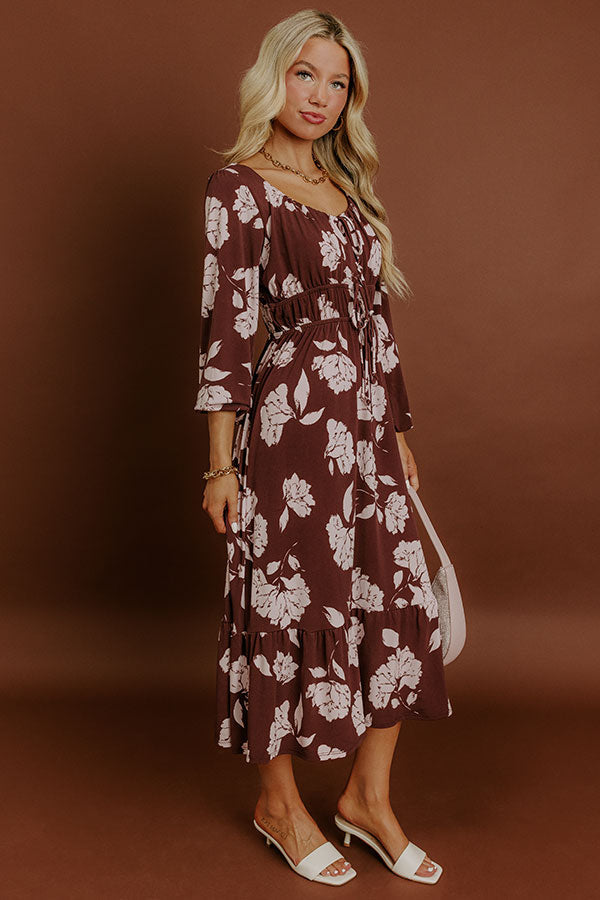 Burgundy Floral Long Sleeve Dress with Tie Detail