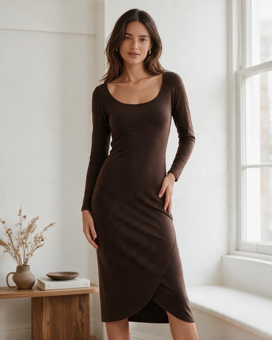 Vestido Largo de Manga Larga Color Café con Cruzado