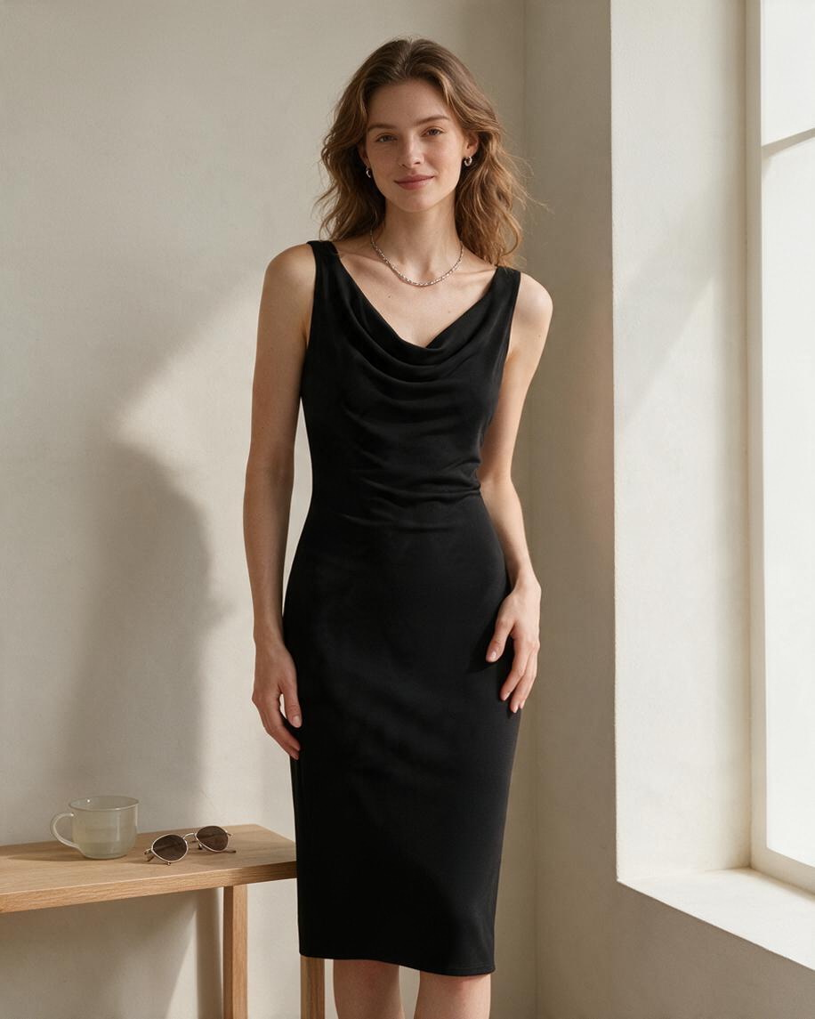 Vestido Midi Negro con Cuello Drapeado y Espalda Escotada - Estilo Boutique