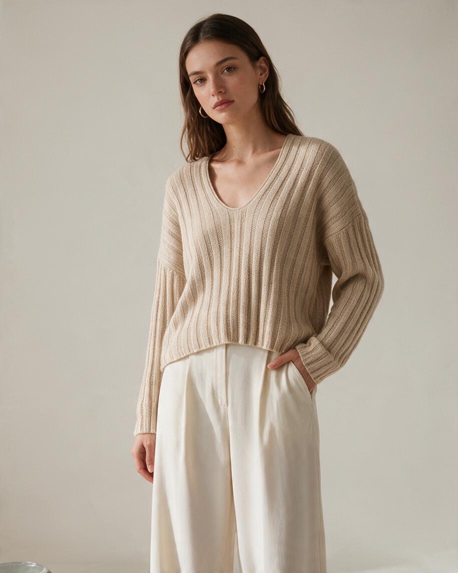 Suéter de Punto Beige Cuello en V y Textura Acanalada