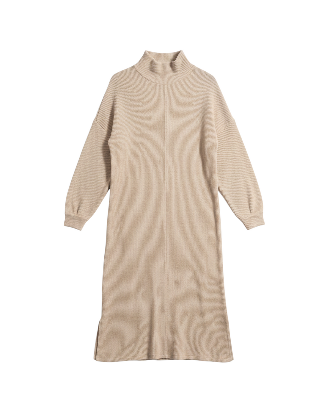 Vestido midi Yanet Collective de punto acanalado beige con cuello alto y manga larga en diseño minimalista