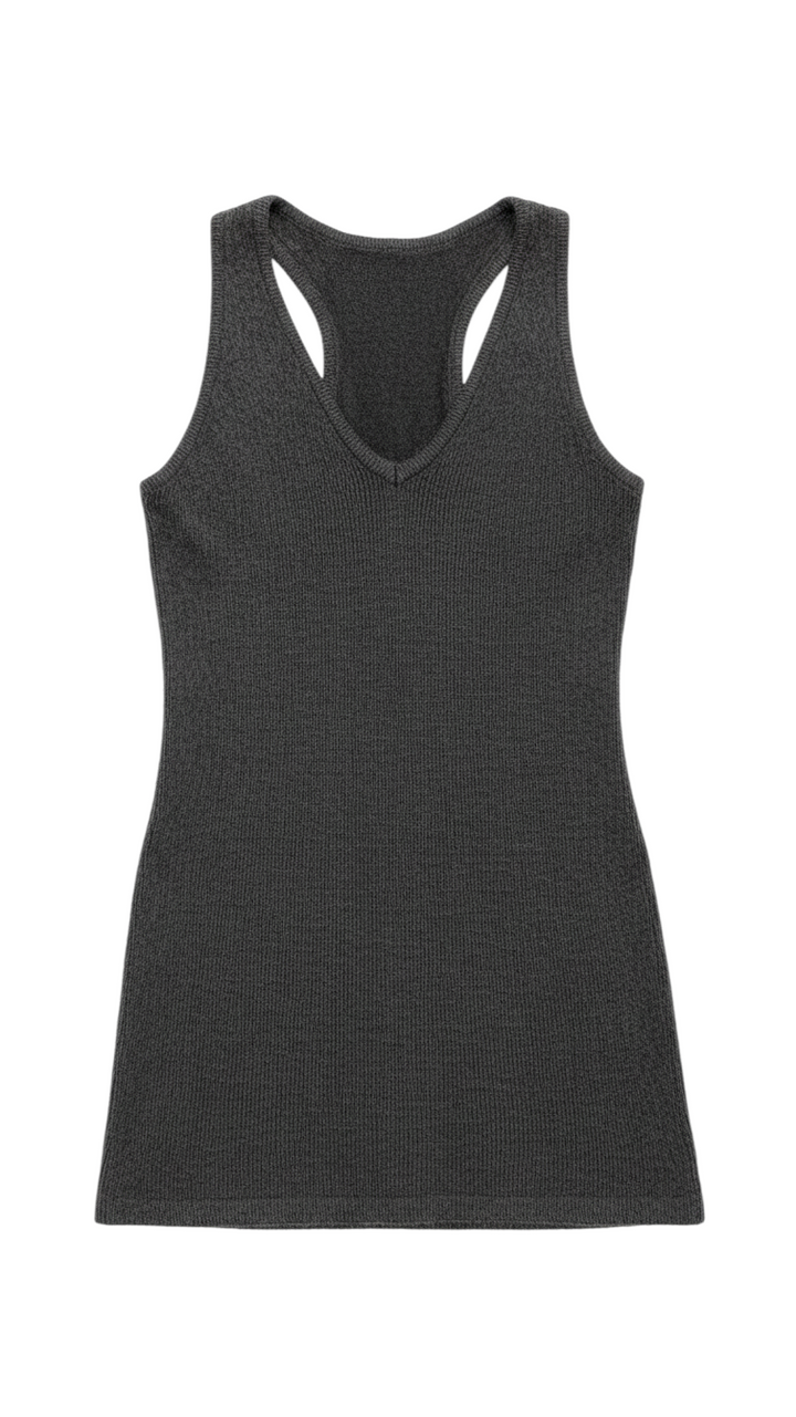 Vestido Midi de Punto Charcoal con Escote en V y Aberturas Laterales