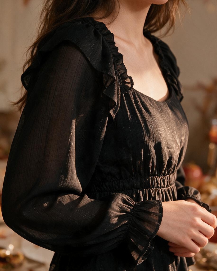 Blusa de Manga Larga Color Negro con Volantes