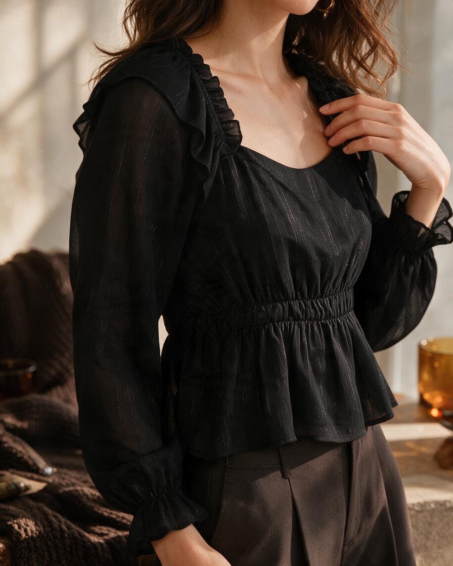 Blusa de Manga Larga Color Negro con Volantes