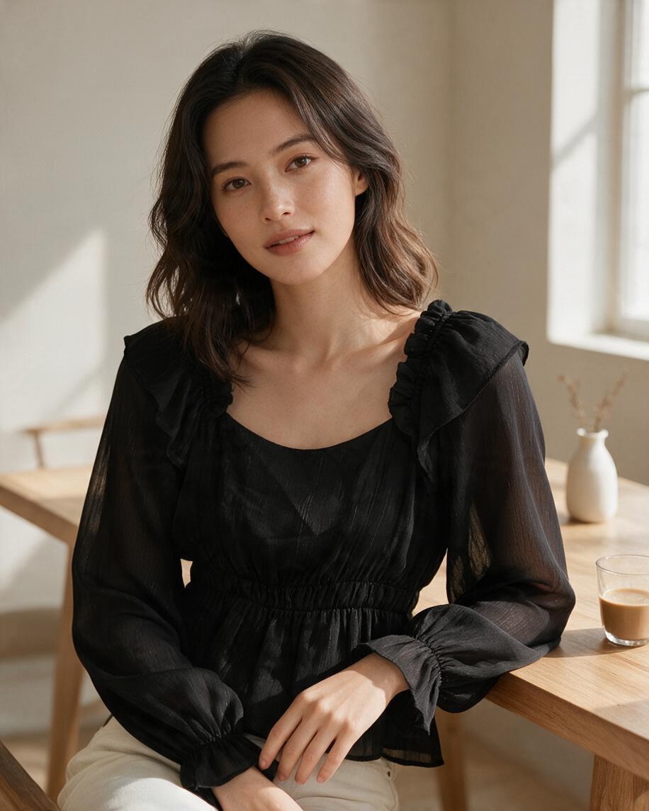 Blusa de Manga Larga Color Negro con Volantes