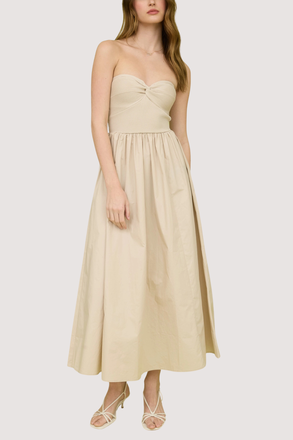 Beige Sleeveless A-Line Dress with Twist Detail