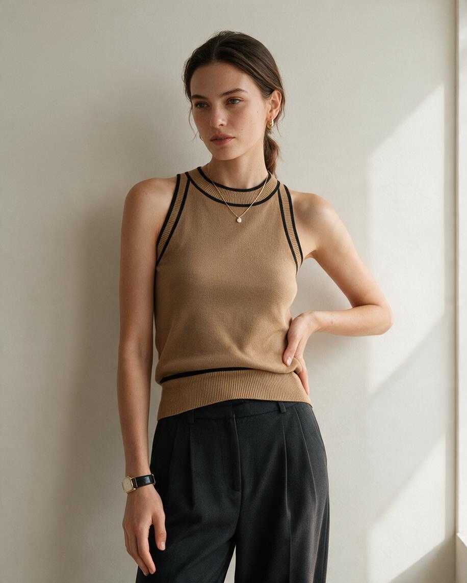 Top de Punto Sin Mangas Beige con Ribete Negro - Estilo Boutique