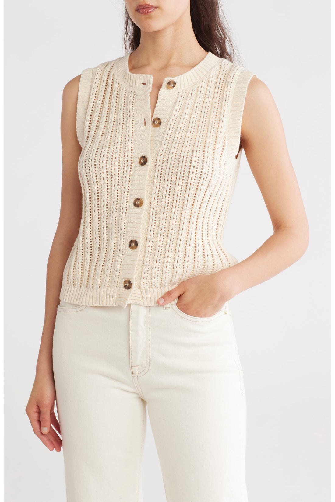 Chaleco de Punto Crema sin Mangas con Botones - Estilo Boutique