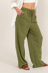 Pantalones de Lino Verde Mujer con Cintura Elástica y Cordón | Pantalón Ligero Casual Dz24c153