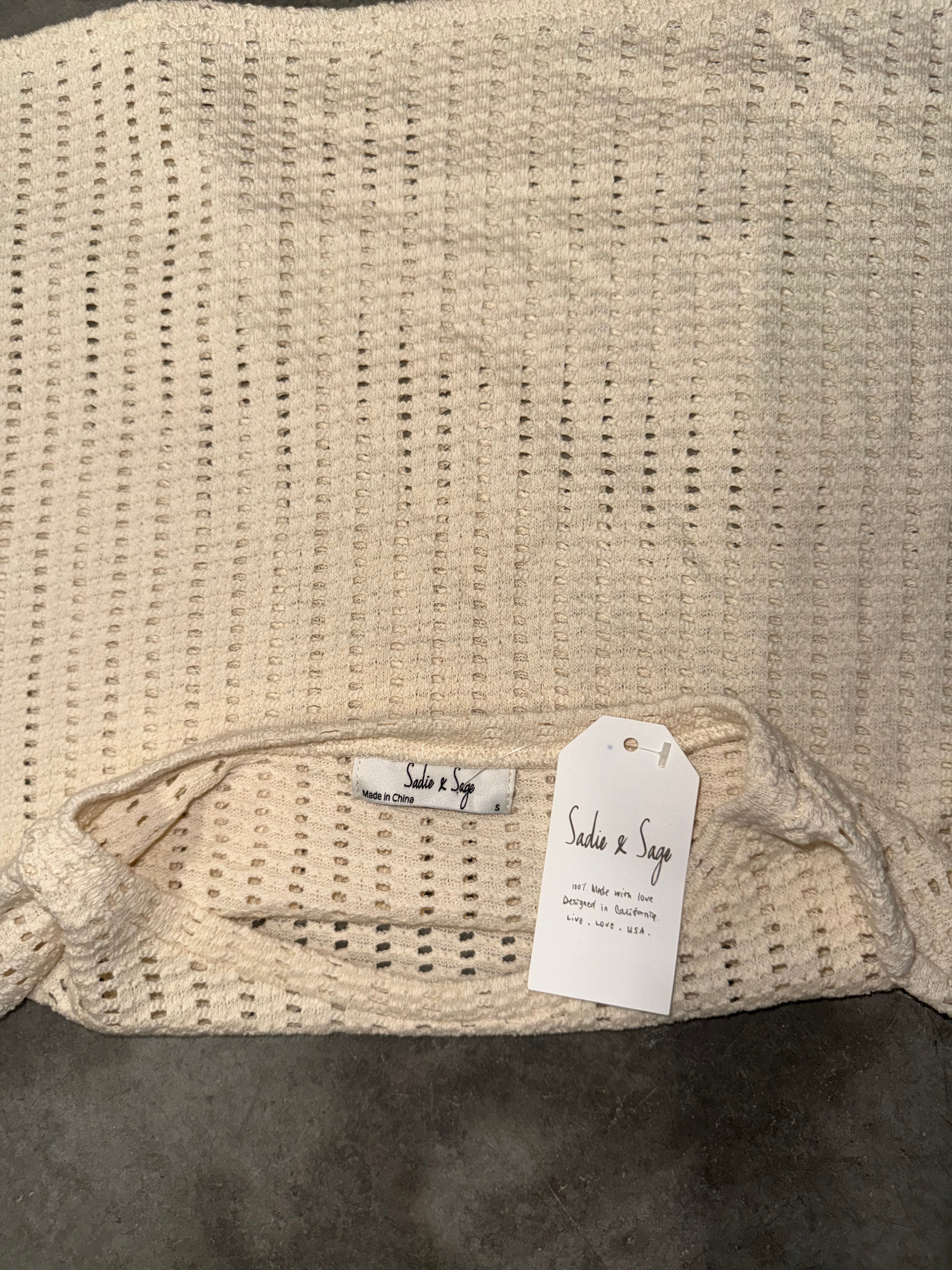 Cream Short Sleeve Crop Top with Knit Texture