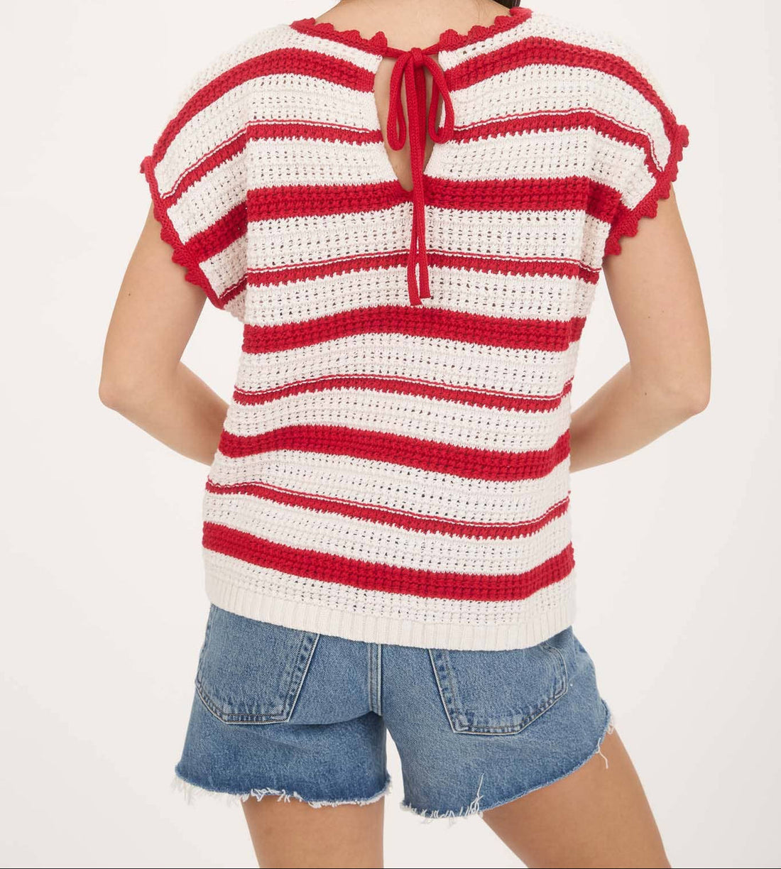 Cream Striped Short Sleeve Sweater with Ruffle Trim