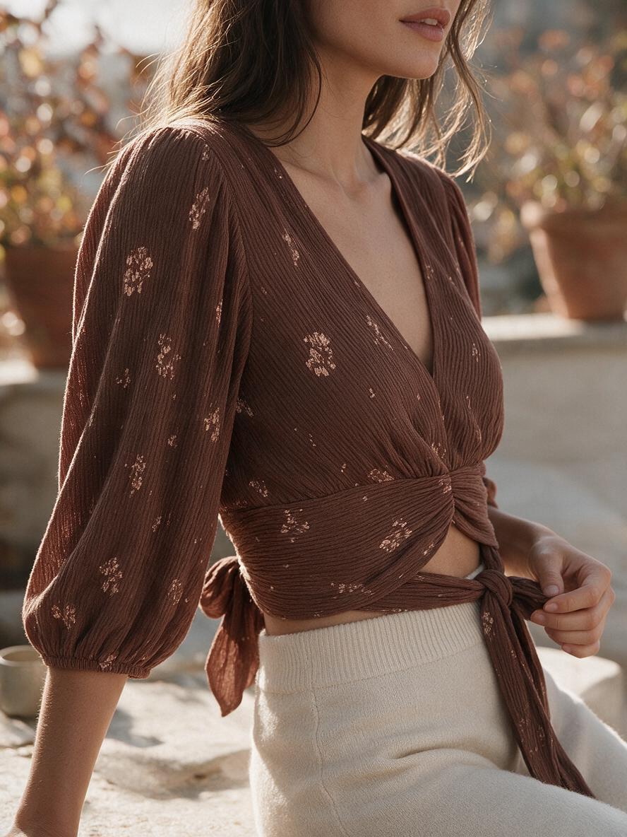 Blusa Wrap Floral Rust con Lazo - Estilo Boutique