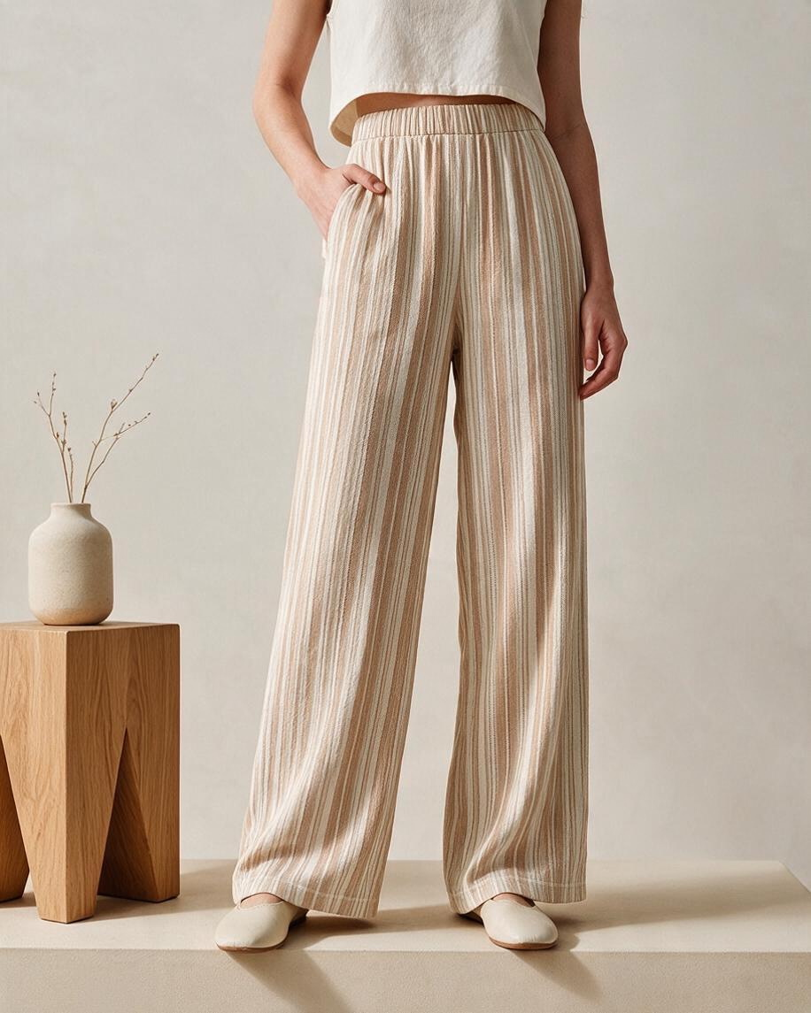 Pantalones Largos de Tiro Alto Color Melocotón con Rayas