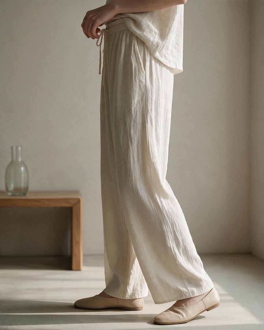 Cream Relaxed Wide-Leg Pants with Drawstring Detail