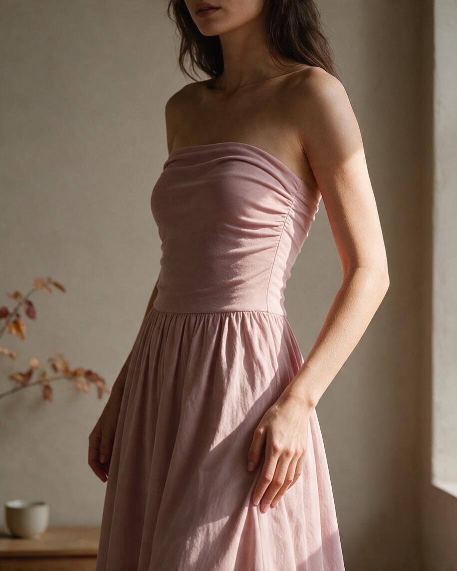 Vestido Rosa con Cuello Drapeado y Falda Fruncida - Estilo Boutique