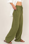 Pantalones de Lino Verde Mujer con Cintura Elástica y Cordón | Pantalón Ligero Casual Dz24c153