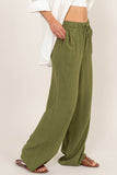 Pantalones de Lino Verde Mujer con Cintura Elástica y Cordón | Pantalón Ligero Casual Dz24c153