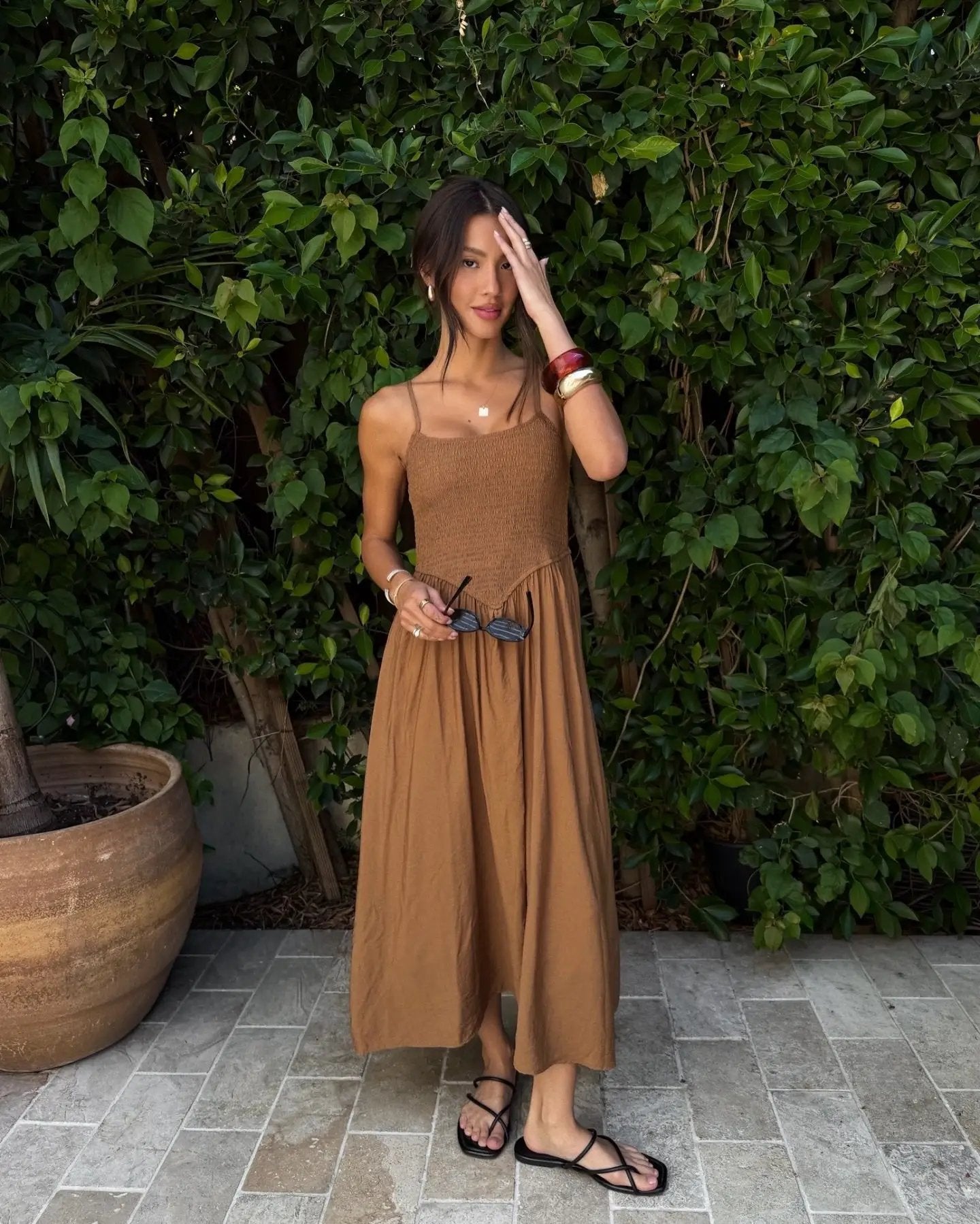 shopblupepper Brown Smocked Basque Waist Spaghetti Strap Midi Dress – A-Line Lined Summer Dress - Dress