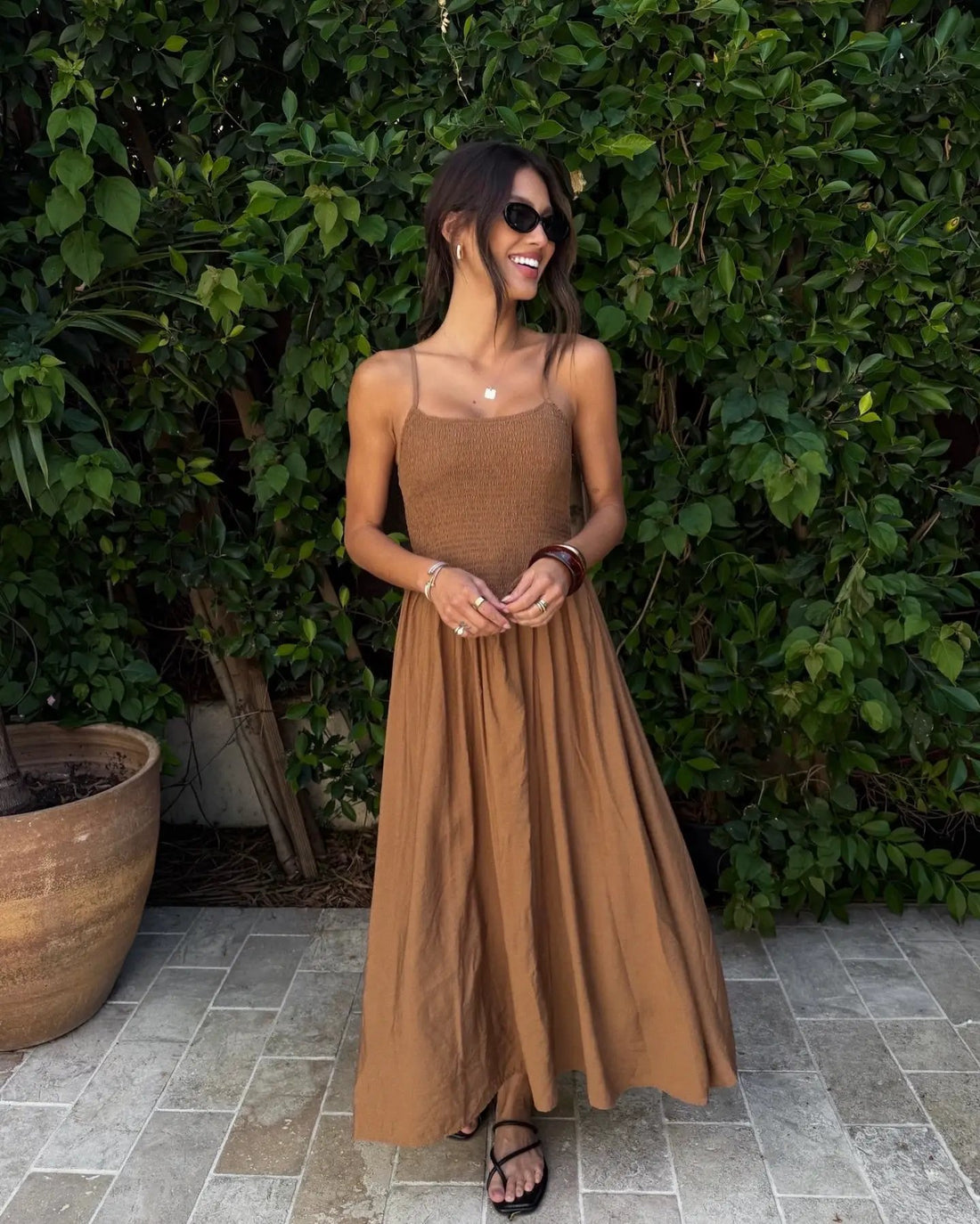 shopblupepper Brown Smocked Basque Waist Spaghetti Strap Midi Dress – A-Line Lined Summer Dress - Dress