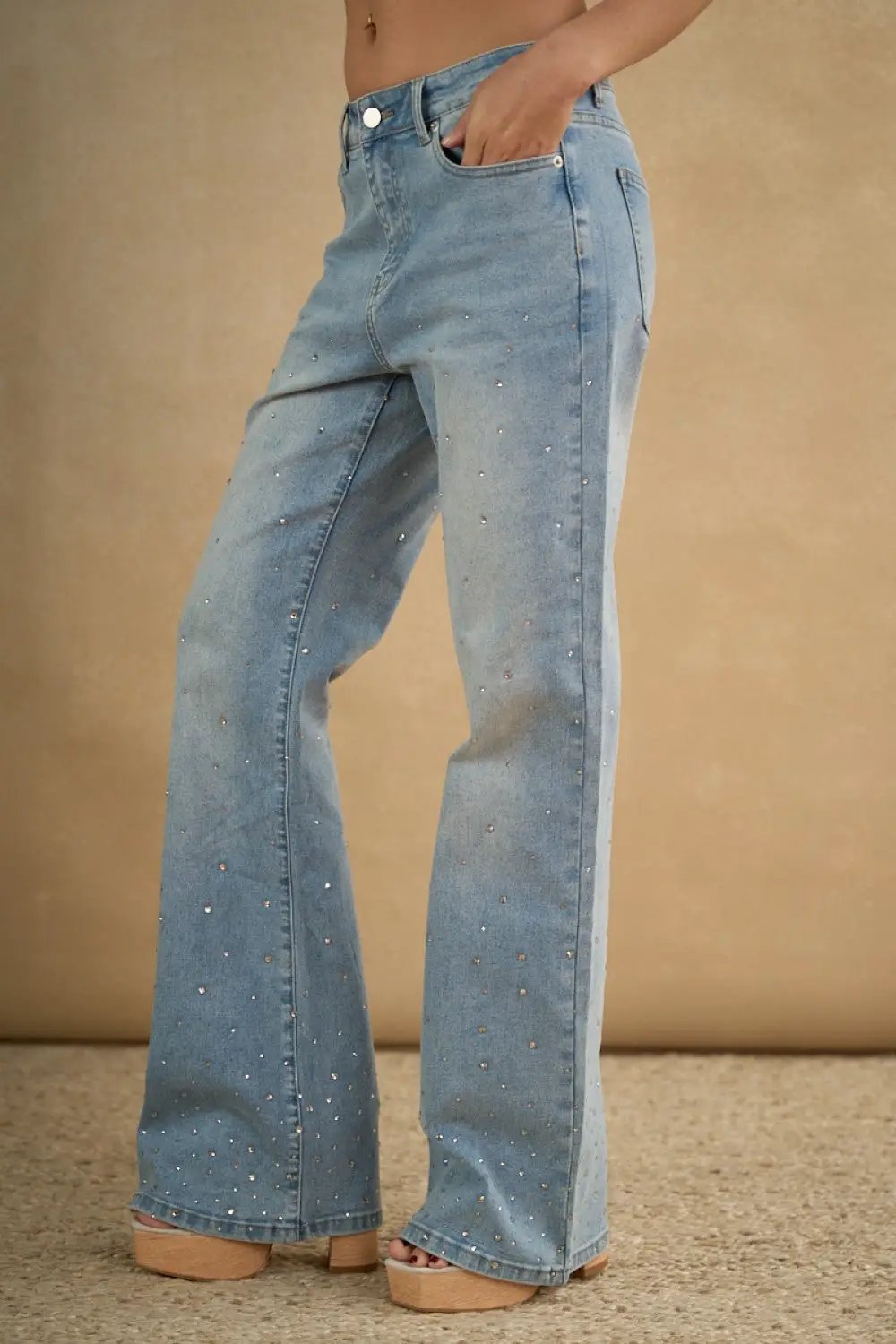 Jeans de Mezclilla Rectos con Estoperoles Brillos para Mujer by Yanet Collective