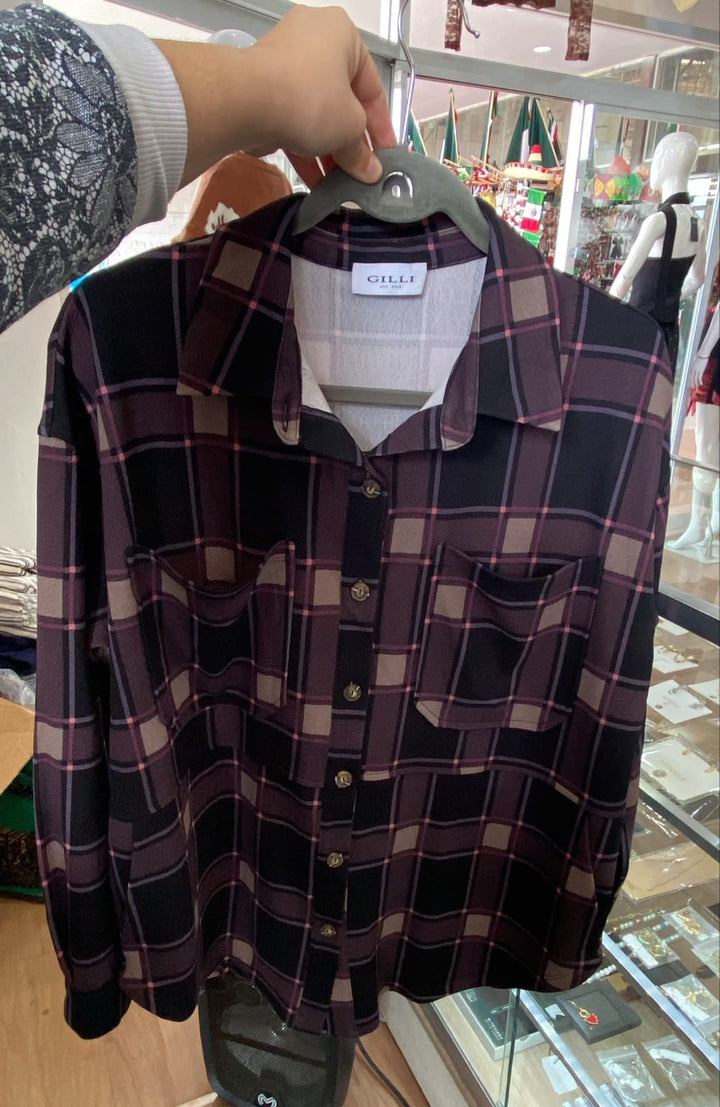 Camisa de Botones a Cuadros Negro y Borgoña - Estilo Boutique