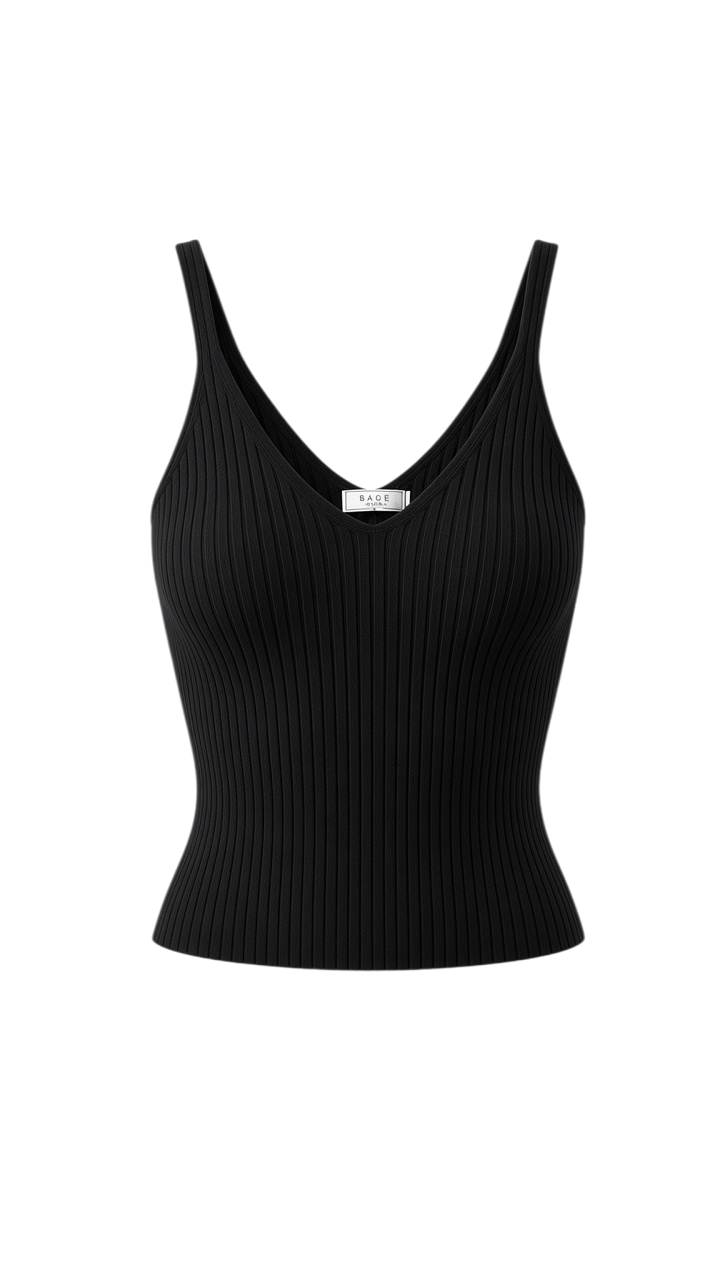 Top de Punto Acanalado Negro con Escote en V - Estilo Boutique