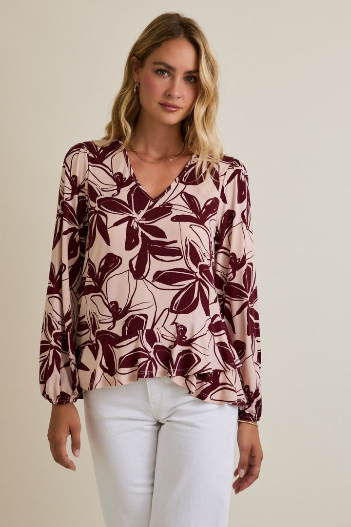 Blusa Beige Manga Larga Flores guinda