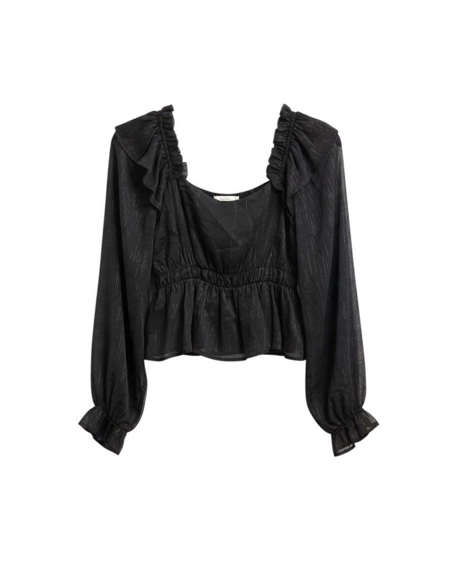 Blusa de Manga Larga Color Negro con Volantes