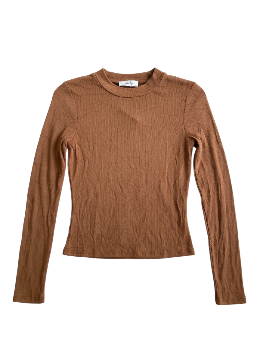 Blusa Ajustada de Manga Larga en Tono Café con Textura Boutique